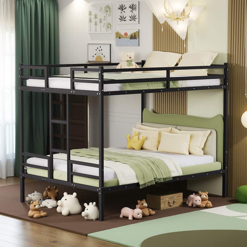 Metal Queen Bunk Bed with Guardrail, Ladder, and Storage, Black