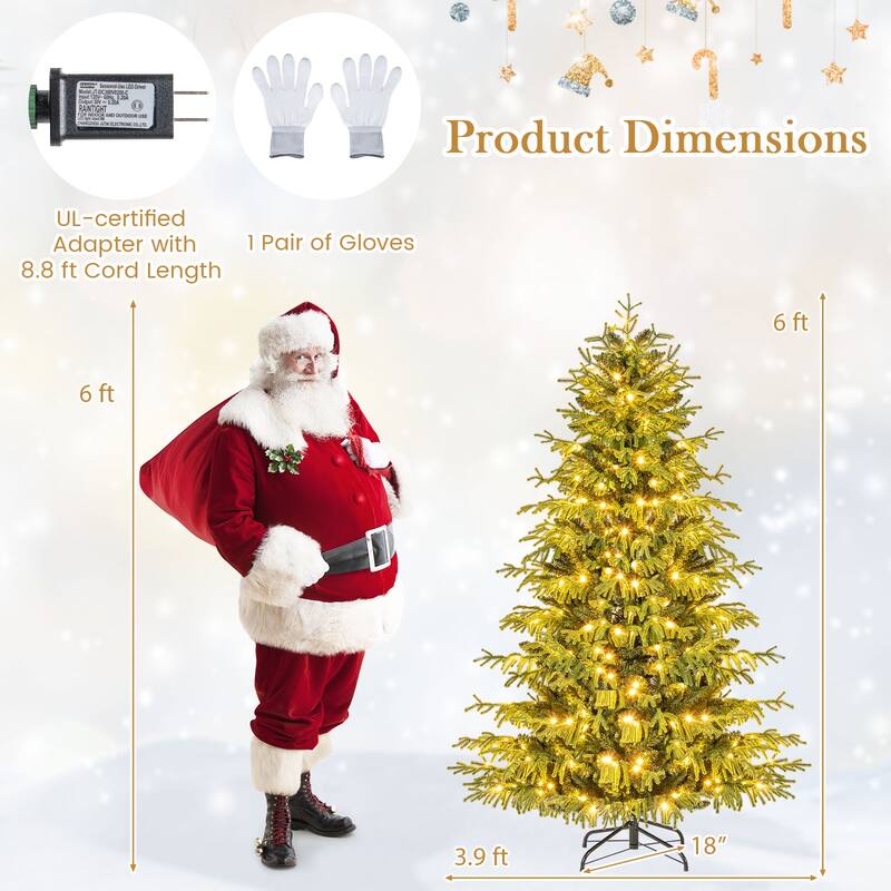 Gymax Pre-Lit Artificial Christmas Tree Hinged Full Xmas Tree w/ PVC &