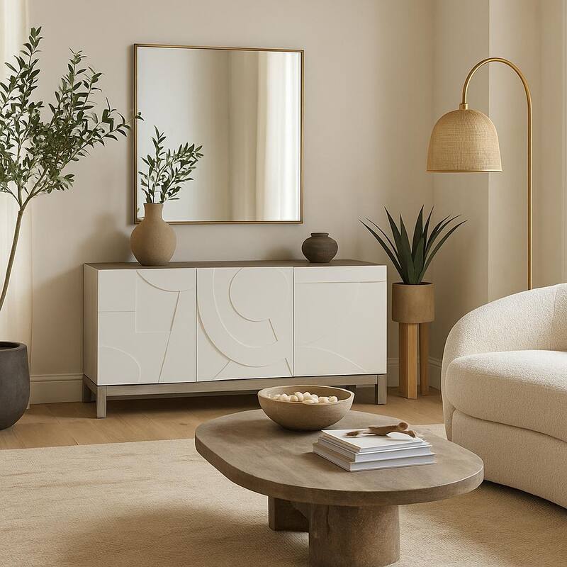Wooden Geometric 3 Door and 1 Interior Drawer Sideboard - White - Roche River Decor - 19"W x 68"L x 32"H