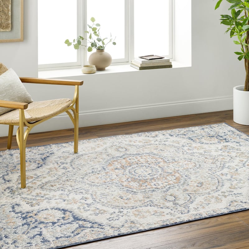 Livabliss Hal Vintage Boho Traditional Pink Medallion Area Rug - Cream/Light Beige/Blue/Dark Blue/Amber/Dusty Coral - 5' 3" x 7' 7"