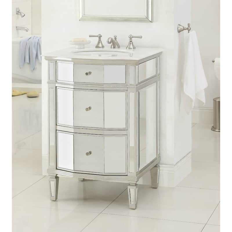 24" Petite Mirrored Ashlie Bathroom Sink Vanity - Mirrored Finish - Silver - Single Vanities