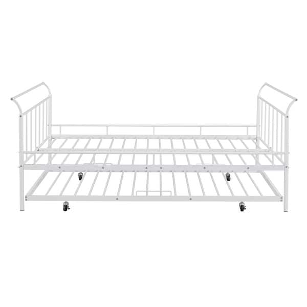 slide 2 of 11, White Full Day Bed with Trundle Bed Twin, Metal Daybed with Trundle Twin Size and Curved Handle Headboard, Space Saving Daybed White - Full