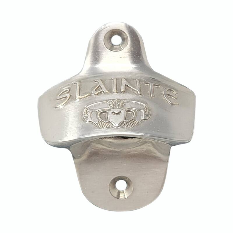 Brass Wall Bottle Opener 3.25” x 2.5” with Irish Gaelic Slainte and Heartwarming Claddagh Symbol - 3.25”H x 2.5”W - Satin Finish