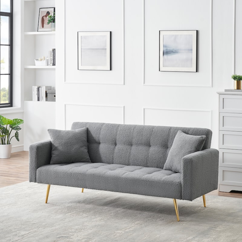 Folding Couch Teddy Fleece Sleeper Sofa Bed with Pillows and Metal Leg