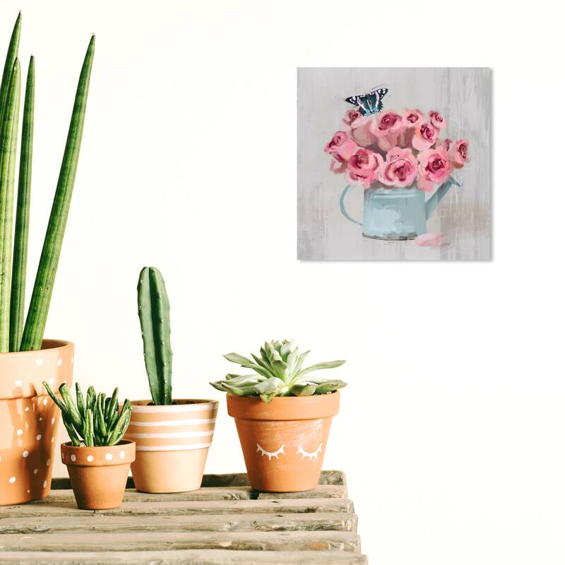 Wynwood Studio Canvas Floral and Botanical Contemporary Floral Pot Pink and Light Gray Farmhouse Wall Art Canvas Print - 12 x 12