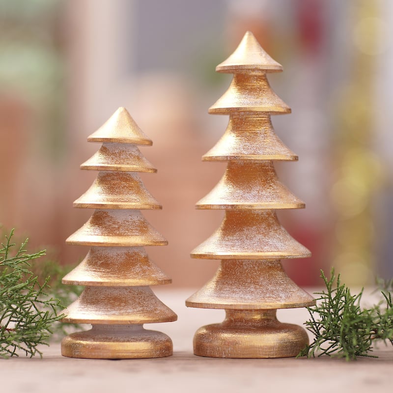 Novica Handmade Golden Pagodas Wood Sculptures (Set Of 2)