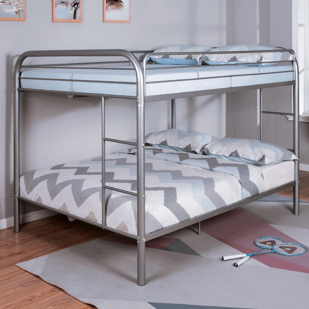 Full Over Full Metal Bunk Bed with Angled Ladder and Silver Finish