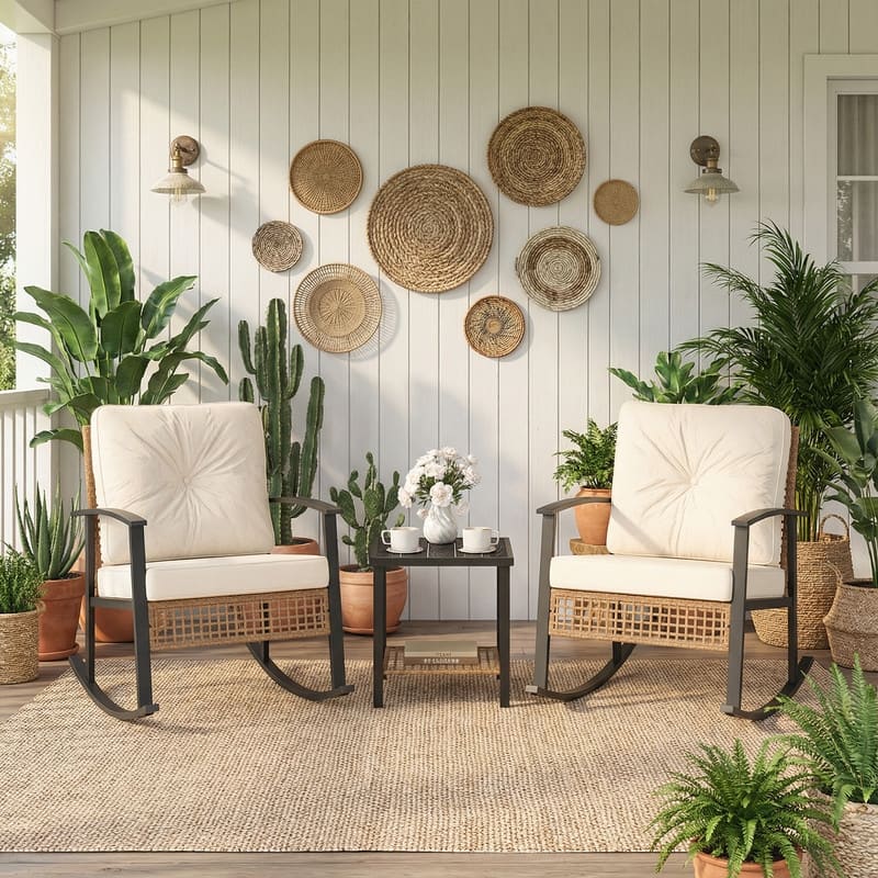 COSIEST 3-Piece Outdoor Wicker Rocking Chair Set, Patio Rattan Rocker with Cushion & Side Table, Beige