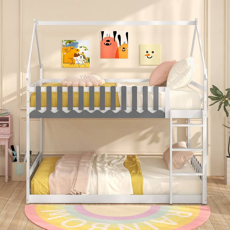 Gymax Twin Over Twin Bunk Bed w/ Fence & Ladder Solid Wood Floor Bunk