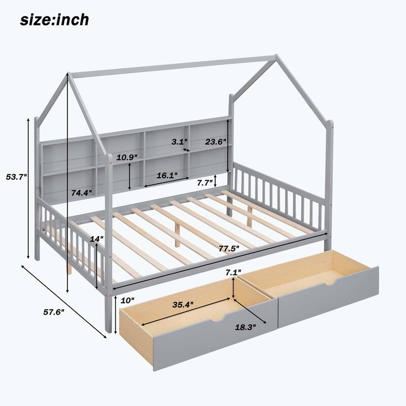 Comfortable Wooden House Bed with 2 Drawers,Kids Bed with Storage Shelf