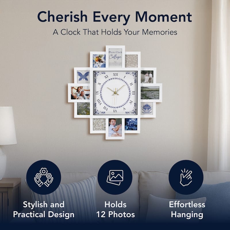 American Art Decor Picture Frame Collage Wall Clock 12 Photo Display Slots