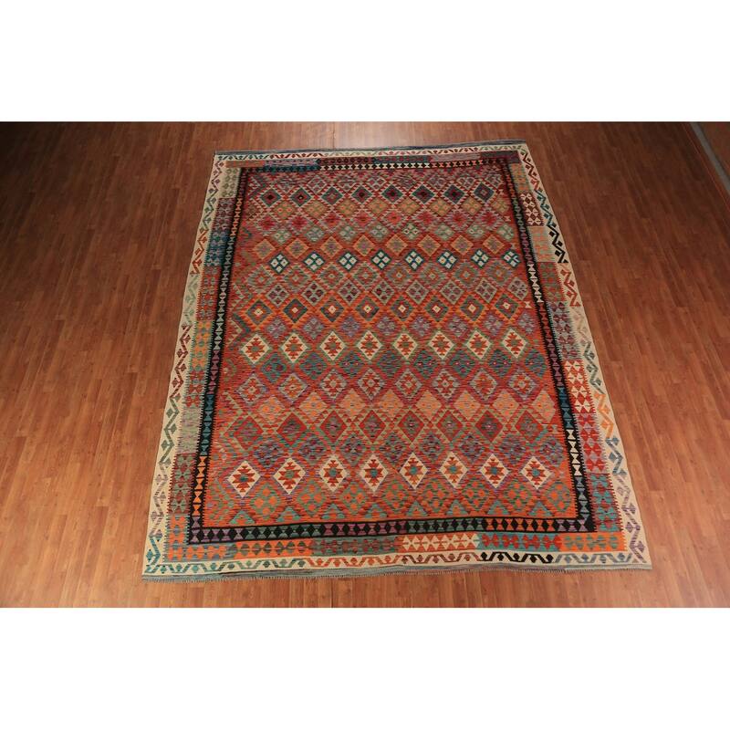 Reversible Kilim Oriental Area Rug Flatweave Wool Carpet - 10'4"x 13'0"