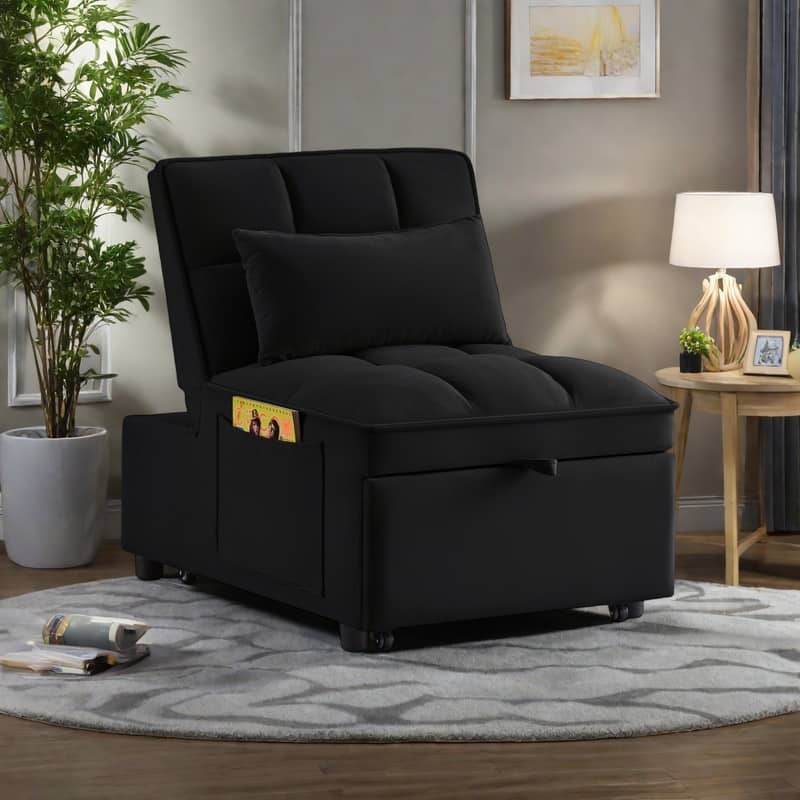 Velvet Multi-Function Chair Bed with Adjustable Backrest, Storage Pockets and Convertible Chaise Design - Black