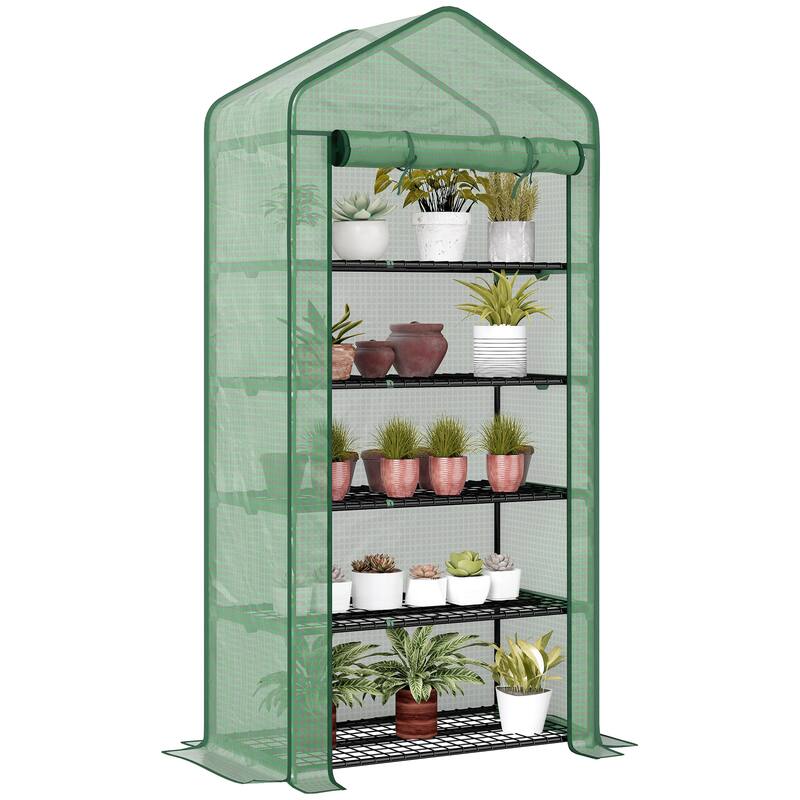 Outsunny 5 Tier Mini Greenhouse, 76" x 35.4" x 19.3" Small Portable Greenhouse with Reinforced PE Cover, Green - Portable