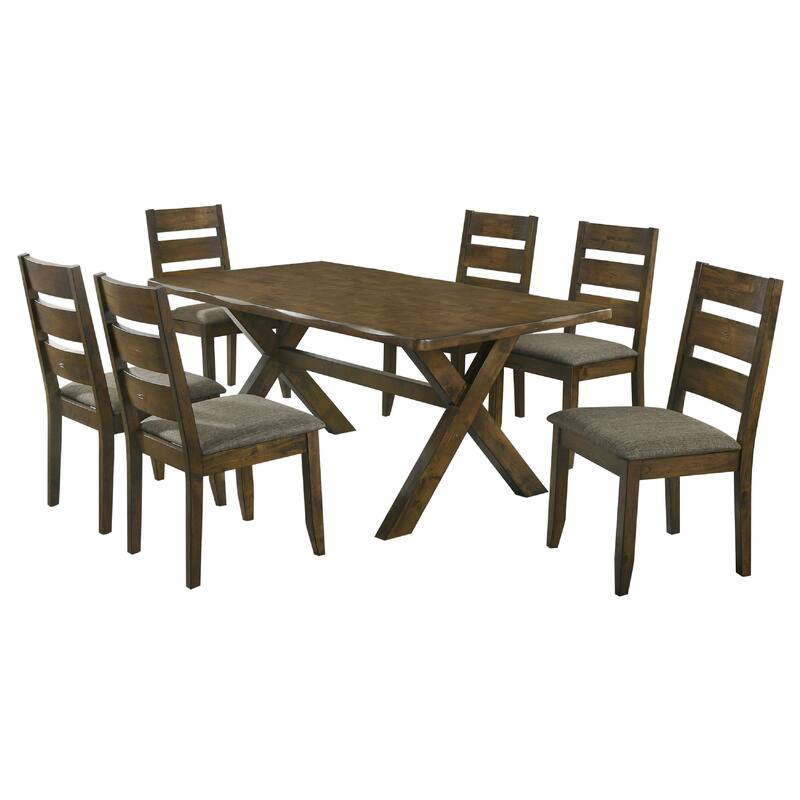 Siny 7pc Dining Table Set, Nutmeg Brown Finish, 6 Padded Side Chairs