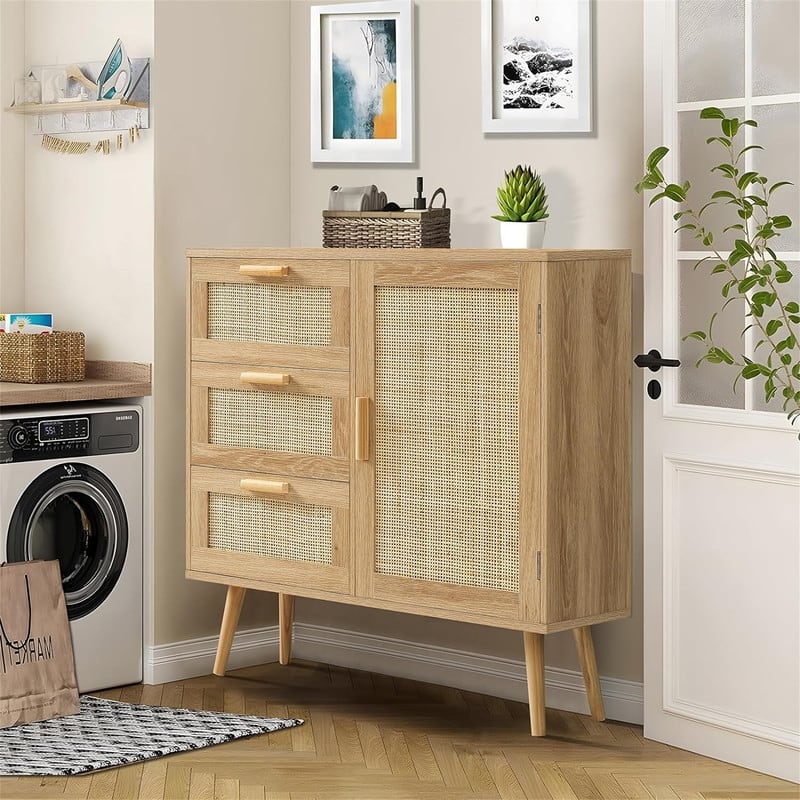 Storage Cabinet with Rattan Door 3 Drawers - 11.8"D x 31.5"W x 30.7"H