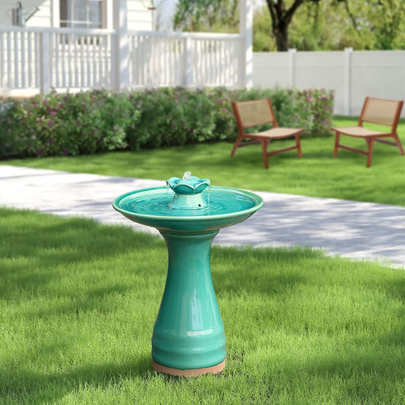 Aqua Glazed Ceramic 22-In Tall Birdbath Fountain