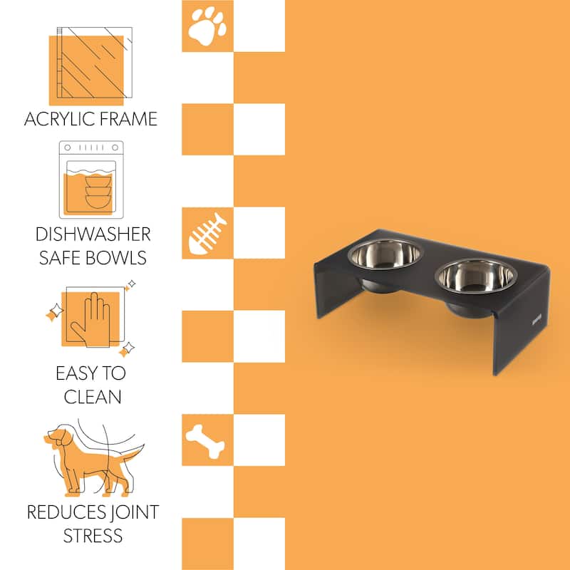 Keaton 7.5" Medium/Large Modern Lucite Rectangular Elevated Pet Feeder with 54oz 2-Stainless Steel Bowls