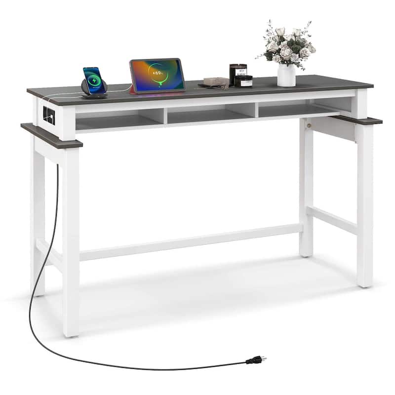 Modern Farmhouse Console Table Bar Table with Charging Station - Grey