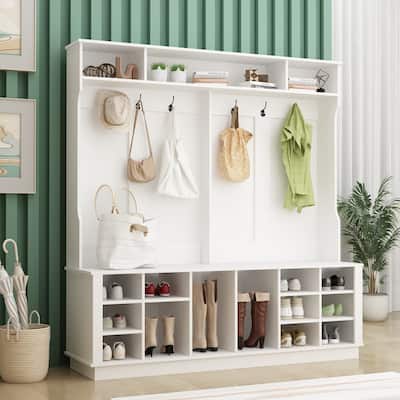 63"W 18 Shoe Cubbies Shoe Bench Shoe Cabinet Wide Hall Tree With Hooks