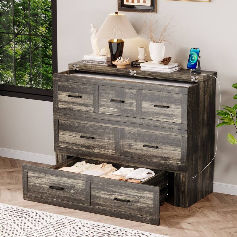 Full-Size Murphy Bed System - Wall Cabinet with USB Charging Station & Storage Drawer, Convertible Guest Bed for Small Rooms