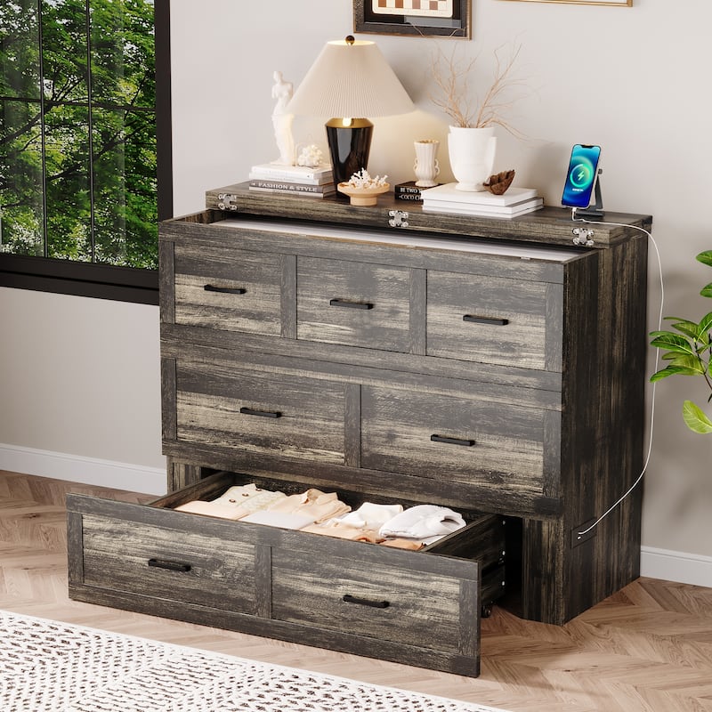 Murphy Bed Cabinet with Charging Station and Storage Drawer for Small Spaces and Guest Rooms