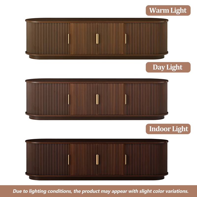 Fluted Sliding Door TV Stand & Coffee Table Set, Wooden Media Cabinet TV Console for TVs up to 75", 3-Piece Living Room Set