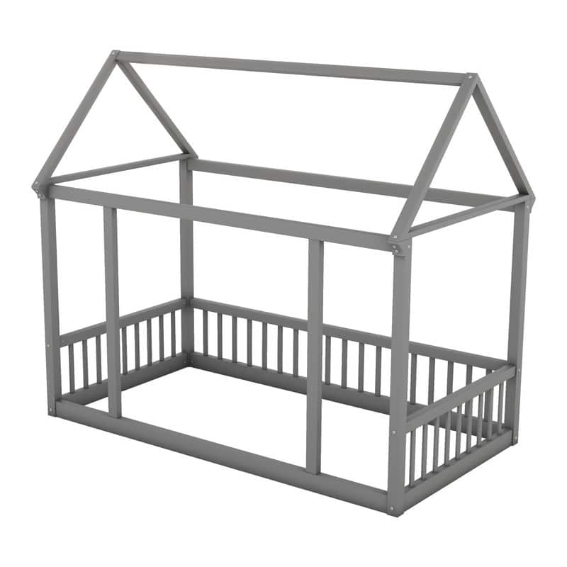 House Floor Bed with House Roof Frame and Safety Guardrails, Twin/Full Size Wooden Floor Montessori Bed House Bed for Kids