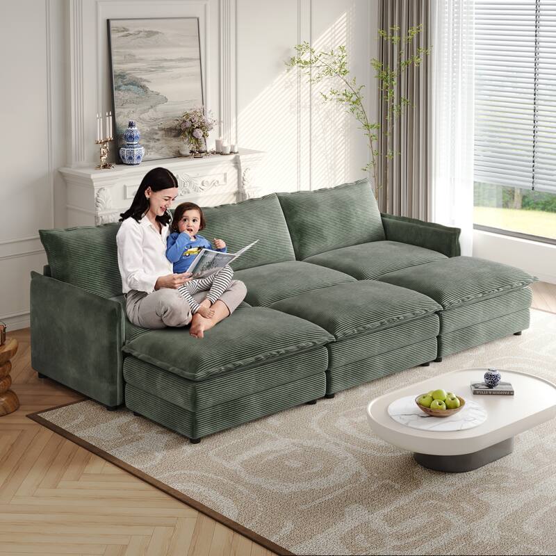 3-seater Cloud Sofa Corduroy Upholstered Sectional Couch with Ottoman - Green with 3 Otto