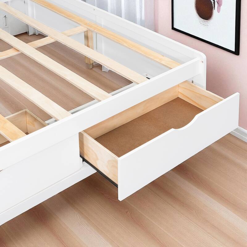 Full Size Wooden Daybed with Desk, Shelves & Lights, 3 Drawers, Reversible Layout, 76 x 68.9 x 65.2 in