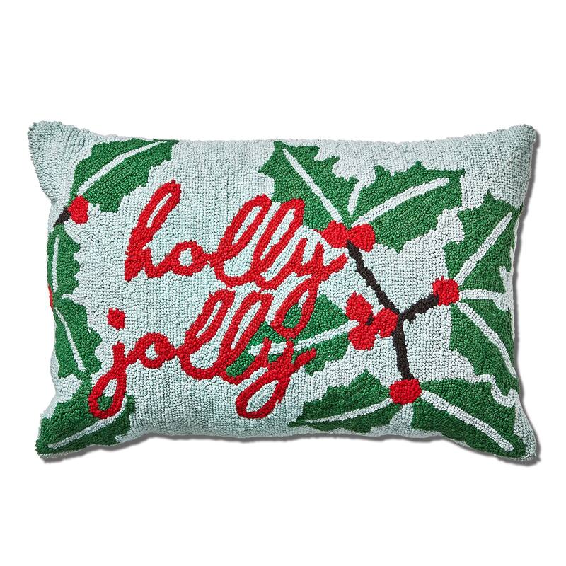 24"x24" Christmas Green Holly Berry Lumbar Needle Tufted Cotton Accent Decorative Throw Pillow - 24 x 24