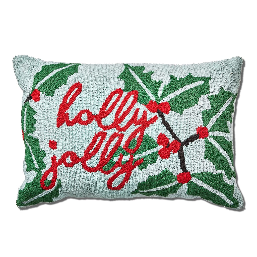 24"x24" Christmas Green Holly Berry Lumbar Needle Tufted Cotton Accent Decorative Throw Pillow - 24 x 24