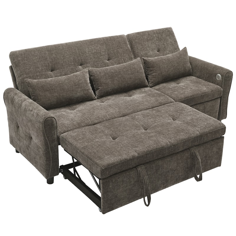 2-in-1 Sleeper Sofa Bed, 3 Seater Sectional Sofa with Pull Out Bed, Reversible Recliner Sofa with Pillows and USB Port