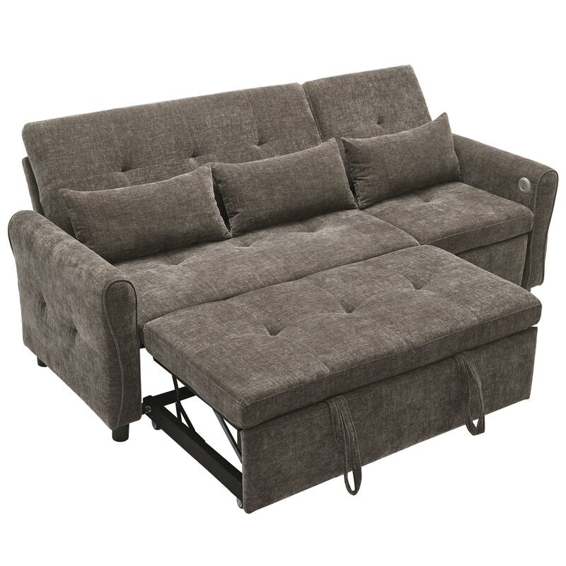 82" Chenille 2-in-1 Sofa Bed with Adjustable Backrest, Reversible Chaise, USB Charging Ports