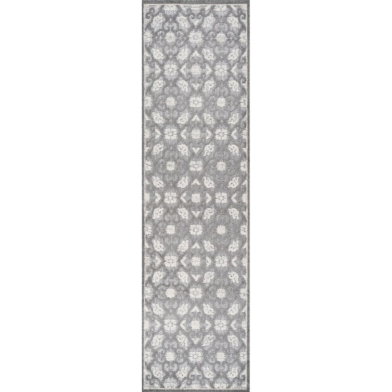 JONATHAN Y Crisantemo Tile Trellis High-Low Indoor/Outdoor Area Rug - 2 X 8 - Light Gray/Ivory