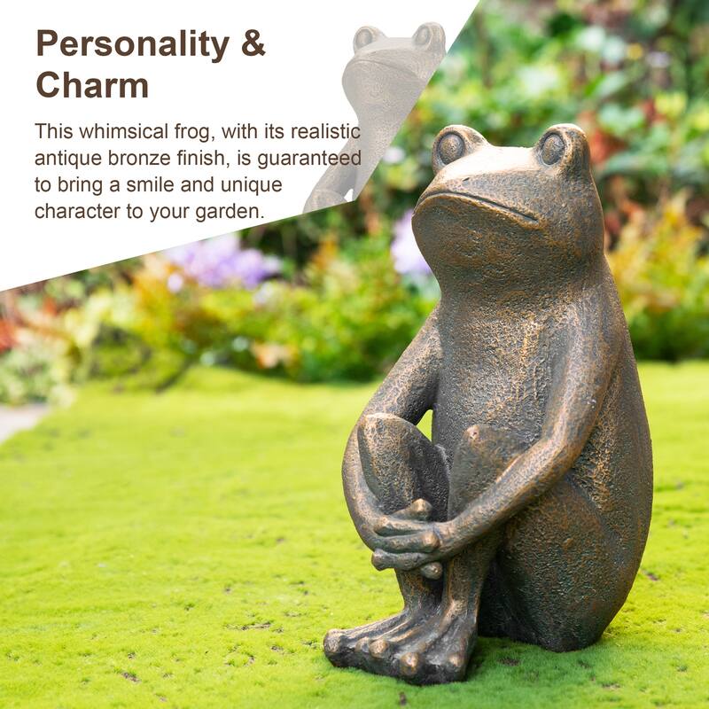 Glitzhome 12''H Resin Bronze Squatting Sitting Frog Statue