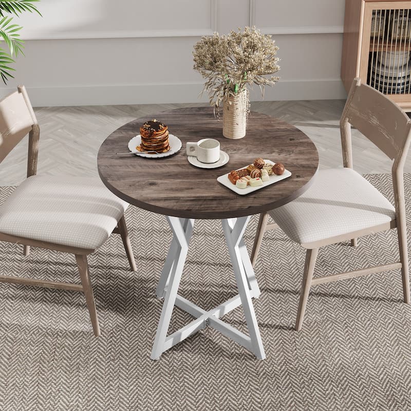 Gymax 31.5 Inch Round Dining Table for 2-4 Thick Wooden Tabletop Metal - Oak Gray, White