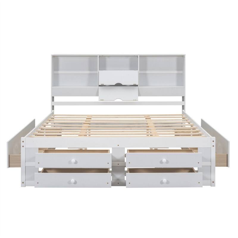 Queen/King Size Captain Bed with Storage Bookcase Headboard, Solid Wood Platform Bed Frame with 8 Storage Drawers and Slats