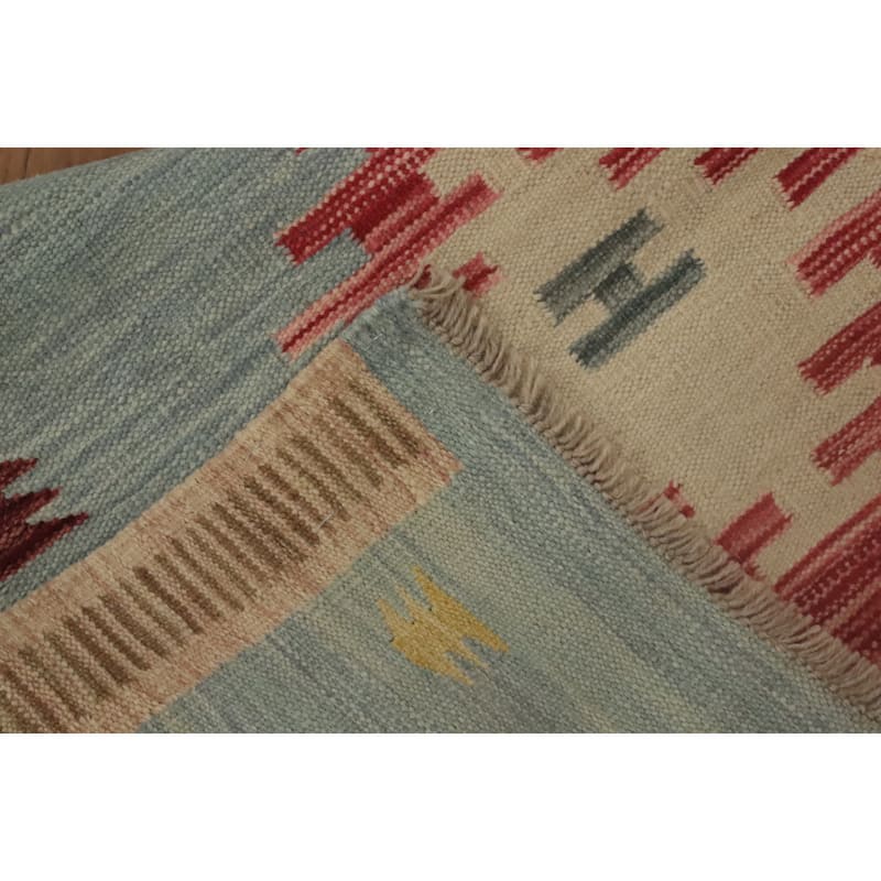 Hand Woven Oriental 100% Wool Carpet Southwestern Tribal Navy Blue & Blues Kilim Runner Rug - 11' 8'' X 2' 9''