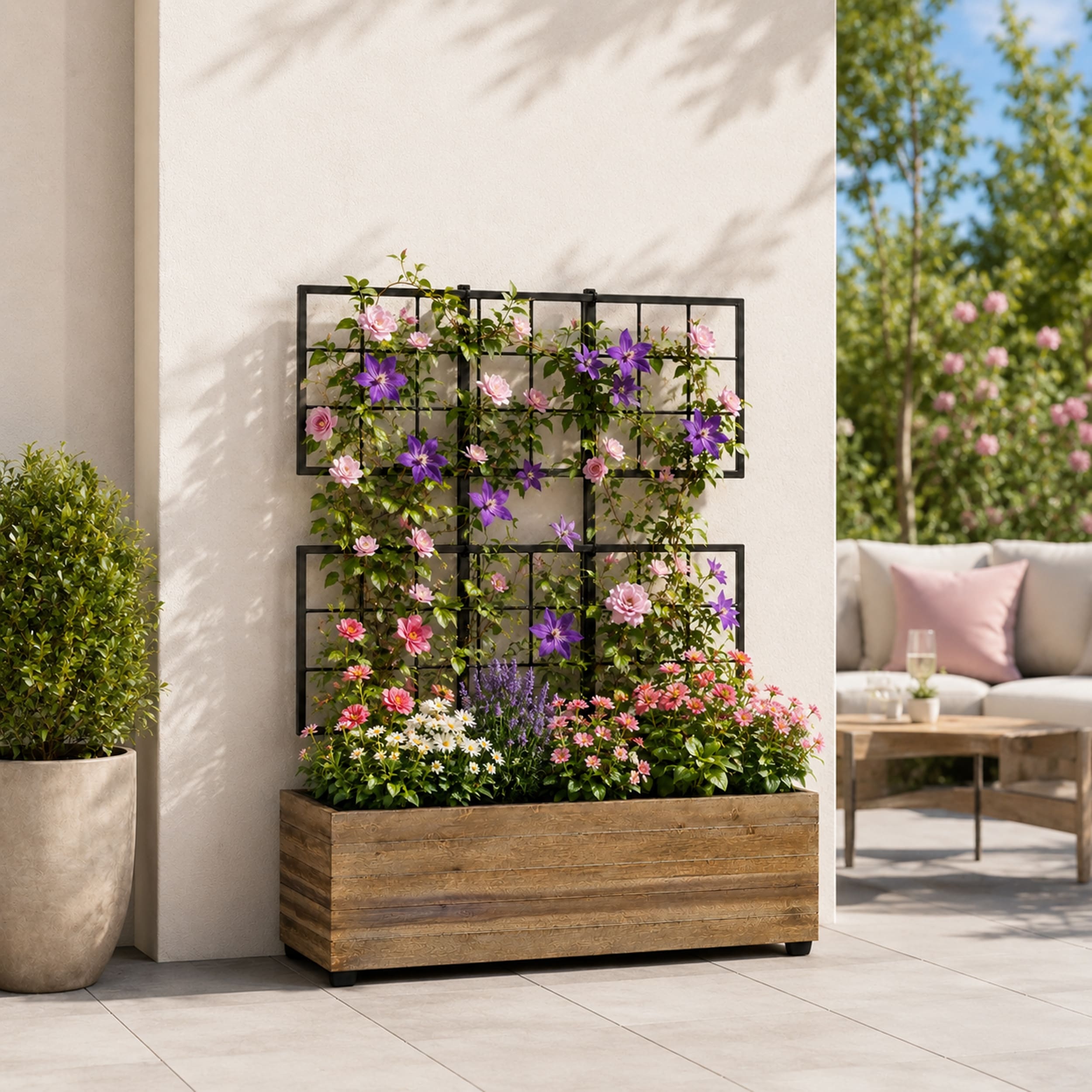 Modern Indoor/Outdoor 31.1 in. Acacia Wood Raised Planter Box with Trellis