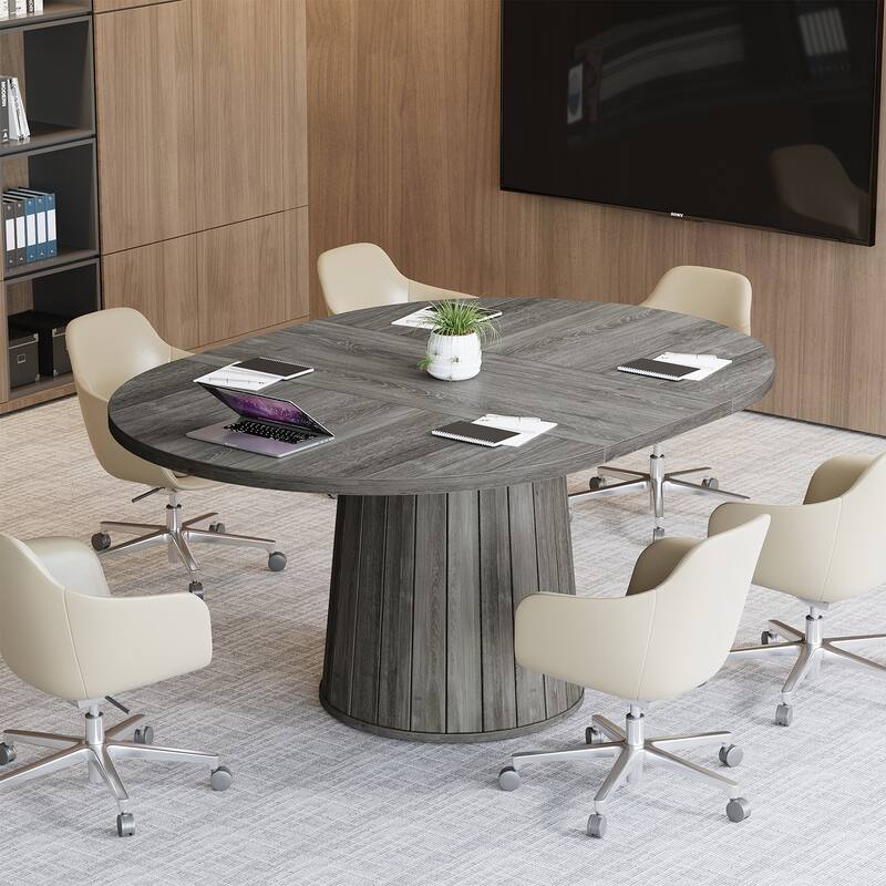 55.11 Inch Brown Wood Oval Conference Table with Wood Base for 6 People