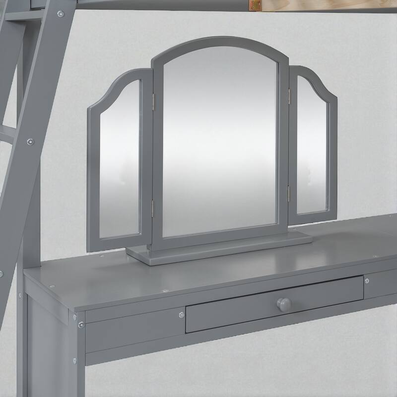 Full Size Wooden Loft Bed with U-Shaped Desk, 4 Compartments, 2 Drawers and Tri-Fold Mirror
