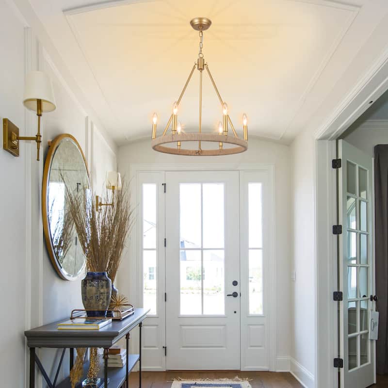 6-Light Rustic Hemp Rope Wagon Wheel Chandelier for Bedroom Foyer Entryway