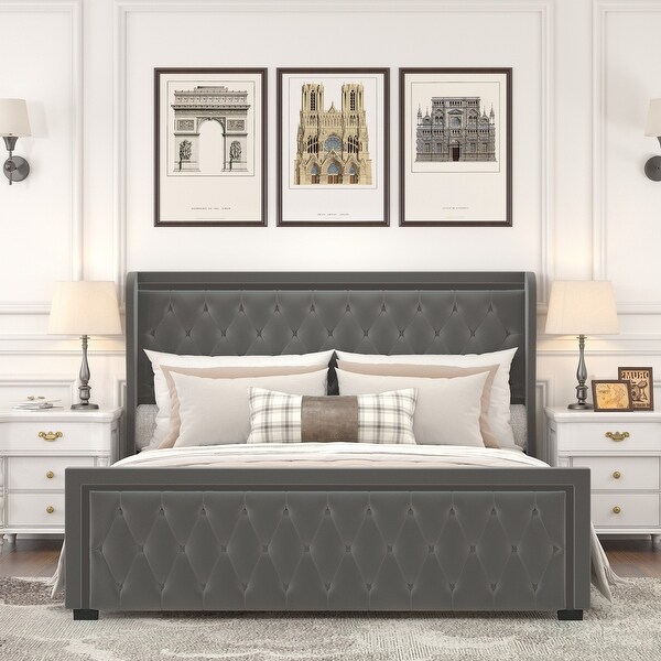 King Platform Bed Frame With High headboard, Velvet King Platform Bed Frame With High headboard, Velvet