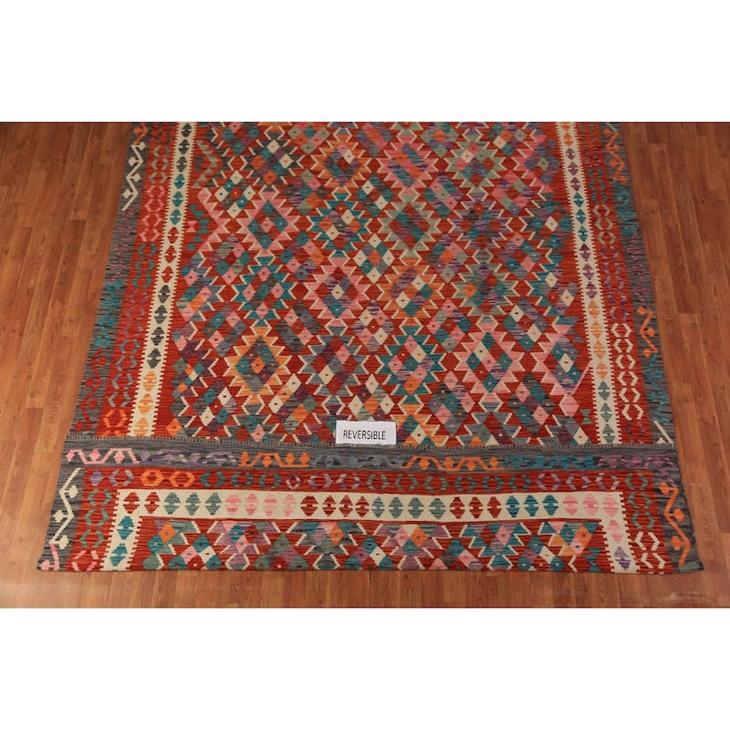 Geometric Orange Kilim Oriental Area Rug Handmade Wool Carpet - 8'5"x 11'4"