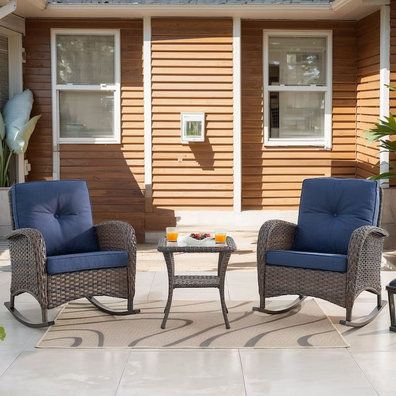 Pocassy Outdoor Wicker Patio Chairs Set - Brown Wicker Blue Cushion - 2PCS Rocker Chairs w/ 1PC Side Table