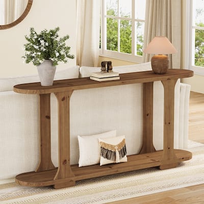 63 Inch Solid Wood Oval Curved Console Sofa Table for Entryway