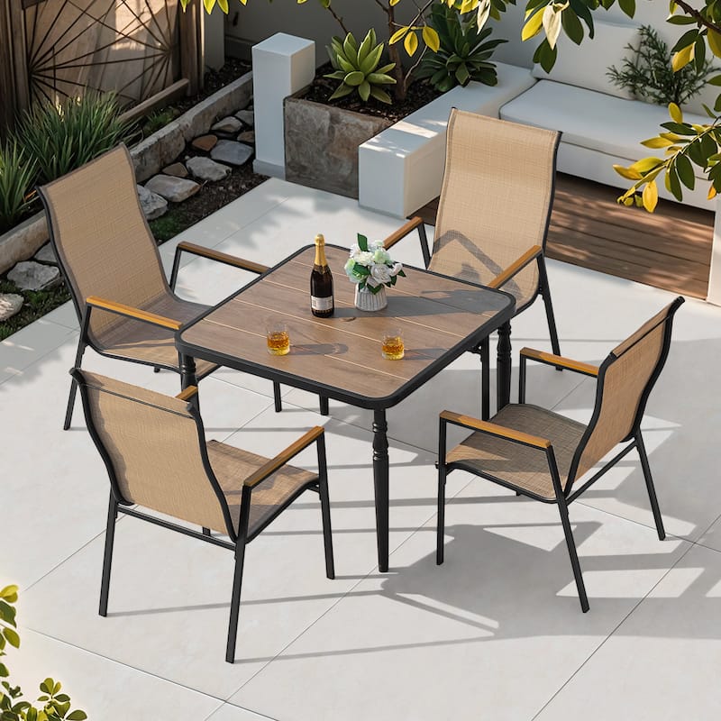 5-Piece Textilene Patio Dining Set with Umbrella Hole, Stackable Design - Iron Table-Brown