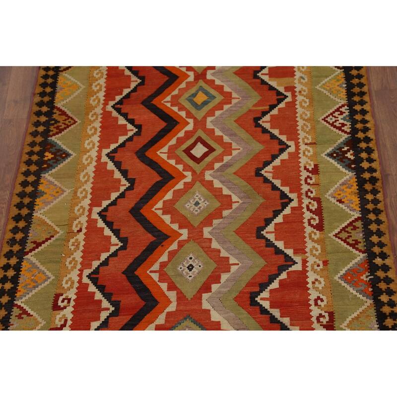 Vegetable Dye Kilim Qashqai Persian Vintage Runner Wool Carpet - 3'9"x 9'7"