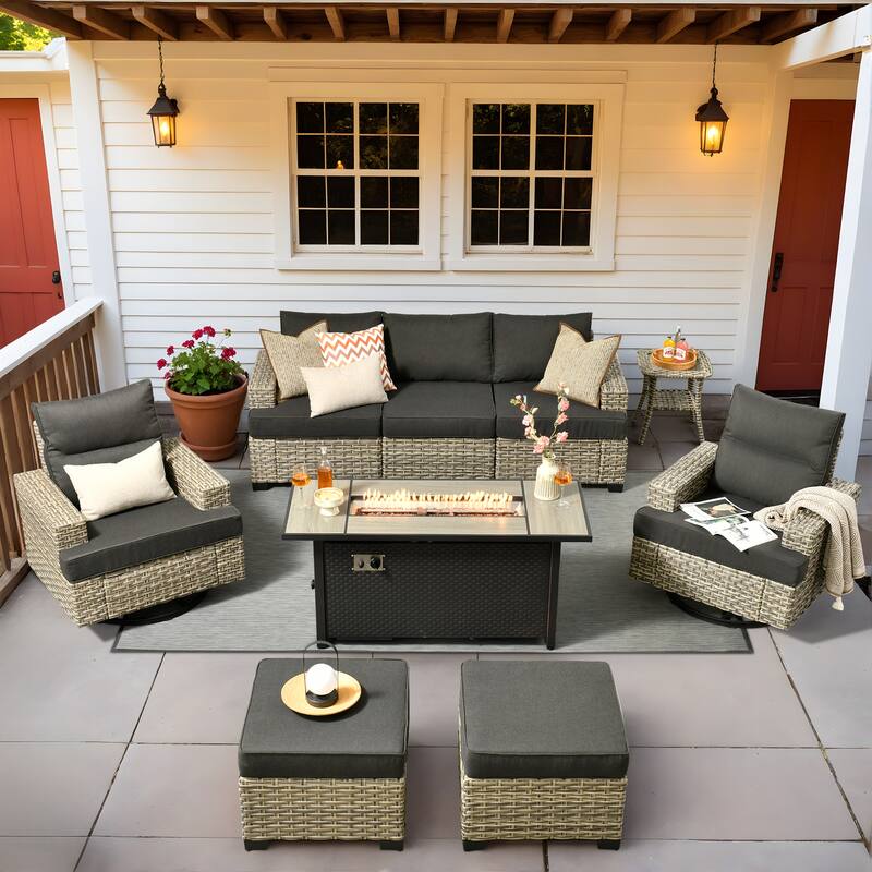 HOOOWOOO 9-piece Outdoor Wicker Furniture Swivel Rocking Chair Set with Fire Pit Table - Black